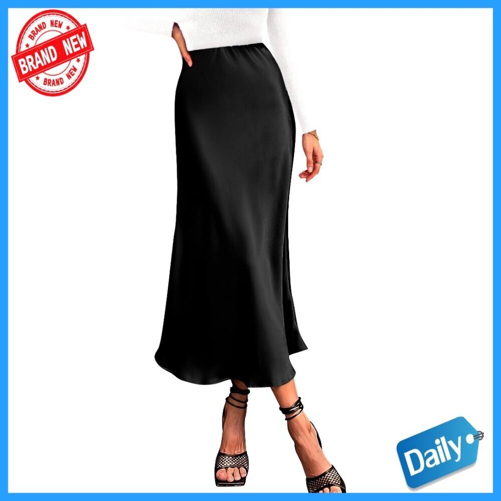 Satin Midi Skirt High Waist Elastic A-Line Cocktail Party Wedding